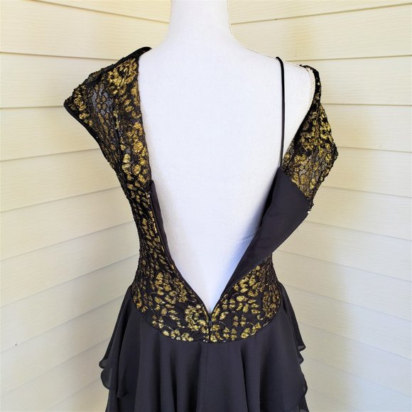 Vintatge 80s Union Made shimmery gold and black dress with drop waist - Picture 6 of 8